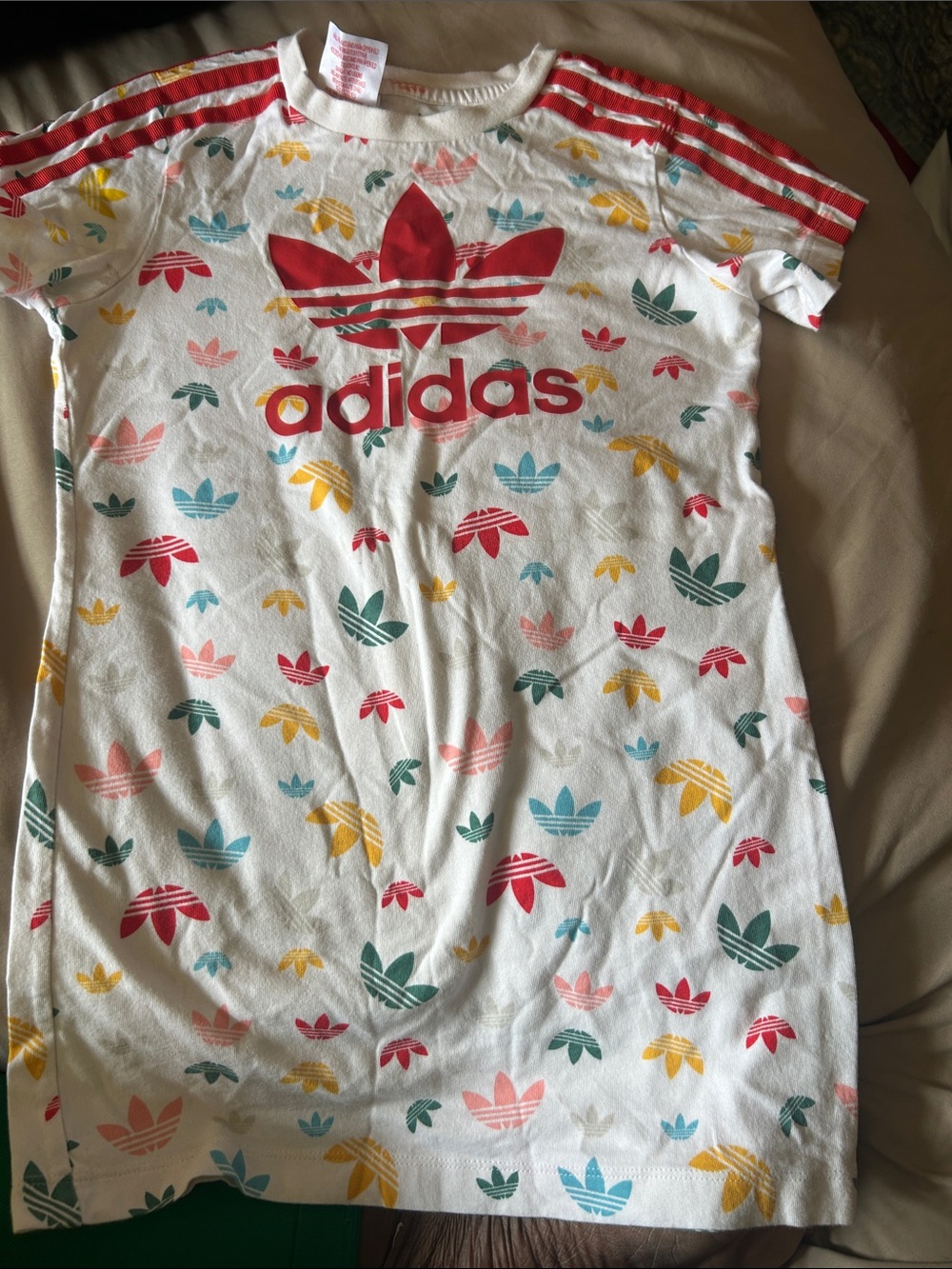adidas White Tee with Red Trefoil and Multicolor Mini Logos dress